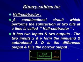 10
Binary-subtractor
 Half-subtractor :
 A combinational circuit which
performs the subtraction of two bits at
a time is called “ Half-subtractor “ .
 It has two inputs & two outputs . The
two inputs x & y form the minuend &
subtrahend & D is the difference
output & B is the borrow output .
 