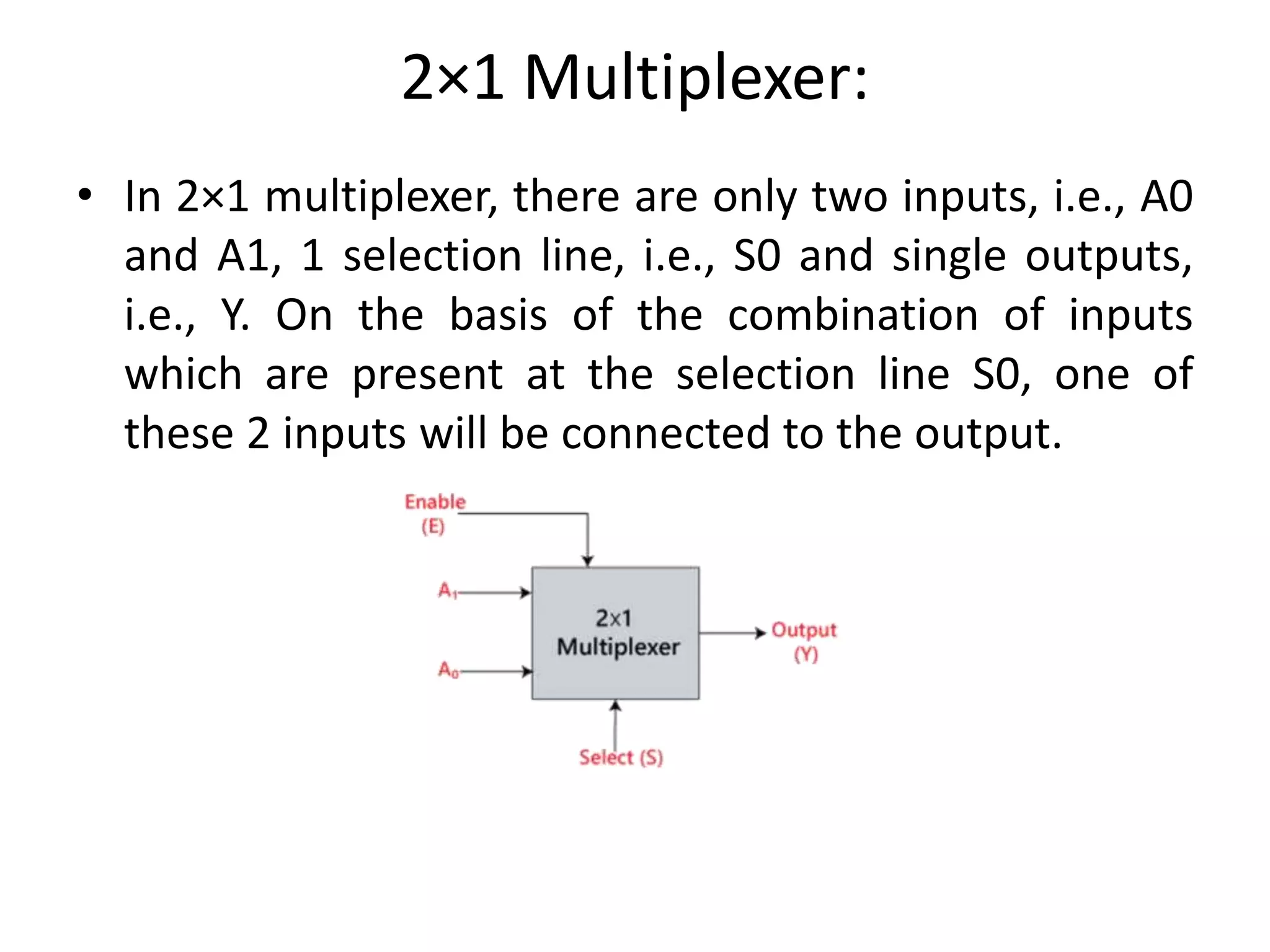 2×1 Multiplexer:
• In 2×1 multiplexer, there are only two inputs, i.e., A0
and A1, 1 selection line, i.e., S0 and single outputs,
i.e., Y. On the basis of the combination of inputs
which are present at the selection line S0, one of
these 2 inputs will be connected to the output.
 
