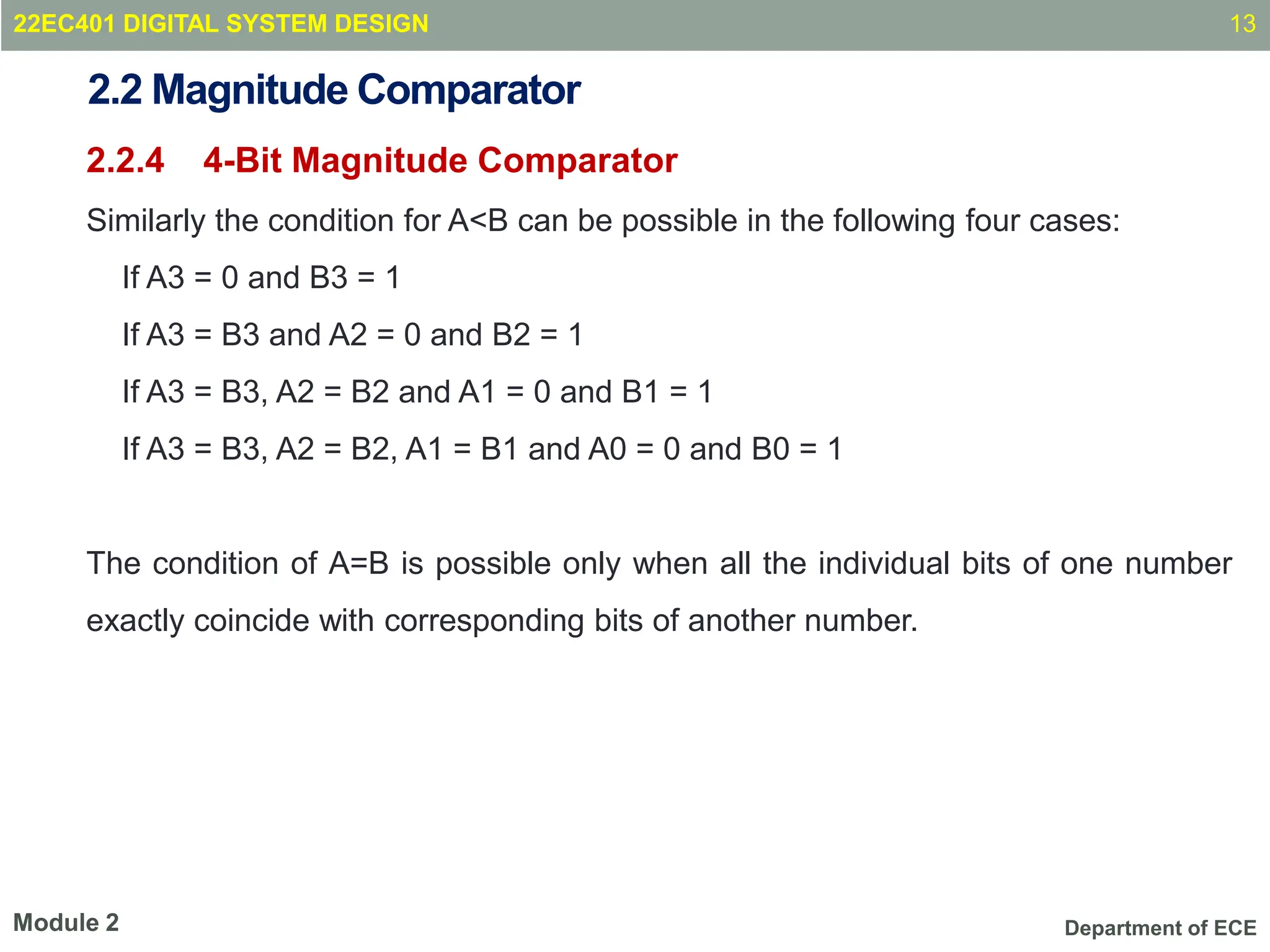 Department of ECE
2.2 Magnitude Comparator
2.2.4 4-Bit Magnitude Comparator
Similarly the condition for A<B can be possible in the following four cases:
If A3 = 0 and B3 = 1
If A3 = B3 and A2 = 0 and B2 = 1
If A3 = B3, A2 = B2 and A1 = 0 and B1 = 1
If A3 = B3, A2 = B2, A1 = B1 and A0 = 0 and B0 = 1
The condition of A=B is possible only when all the individual bits of one number
exactly coincide with corresponding bits of another number.
13
Module 2
22EC401 DIGITAL SYSTEM DESIGN
 