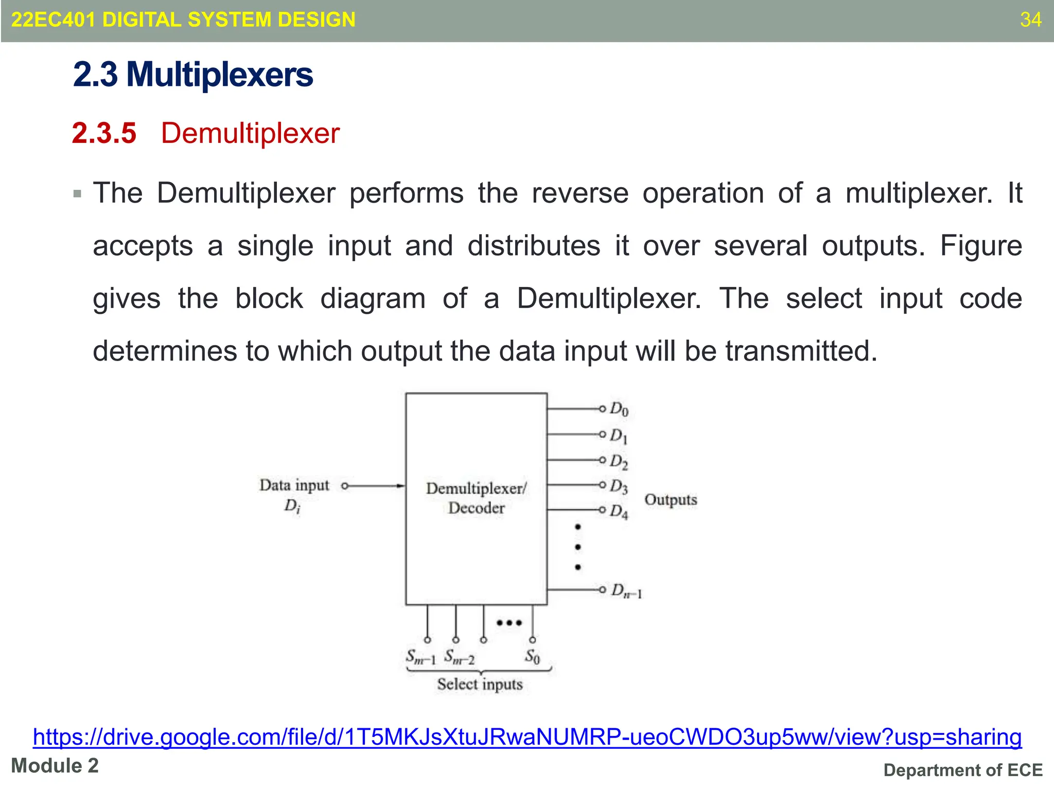Department of ECE
2.3 Multiplexers
2.3.5 Demultiplexer
 The Demultiplexer performs the reverse operation of a multiplexer. It
accepts a single input and distributes it over several outputs. Figure
gives the block diagram of a Demultiplexer. The select input code
determines to which output the data input will be transmitted.
34
Module 2
22EC401 DIGITAL SYSTEM DESIGN
https://drive.google.com/file/d/1T5MKJsXtuJRwaNUMRP-ueoCWDO3up5ww/view?usp=sharing
 