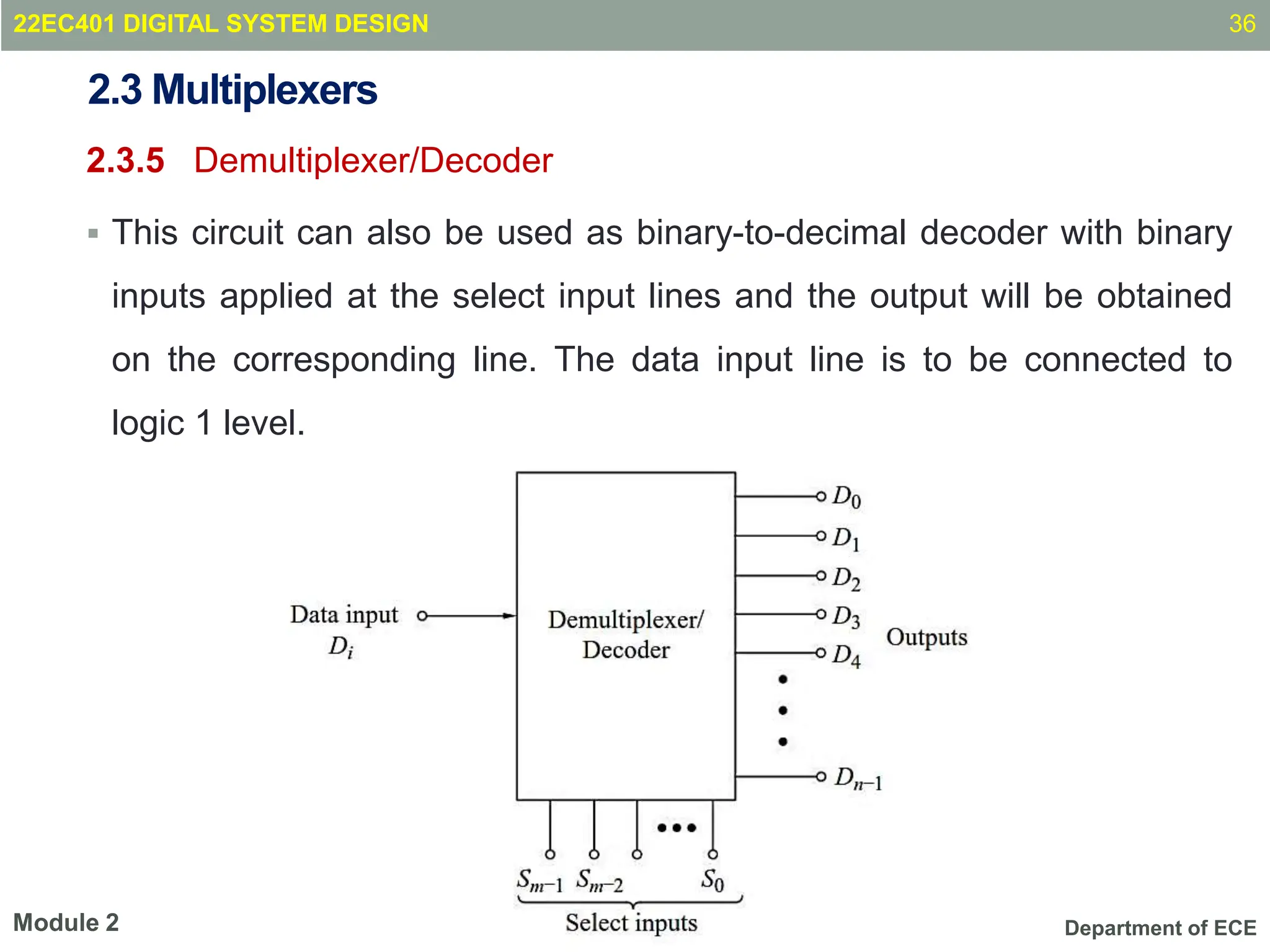 Department of ECE
2.3 Multiplexers
2.3.5 Demultiplexer/Decoder
 This circuit can also be used as binary-to-decimal decoder with binary
inputs applied at the select input lines and the output will be obtained
on the corresponding line. The data input line is to be connected to
logic 1 level.
36
Module 2
22EC401 DIGITAL SYSTEM DESIGN
 