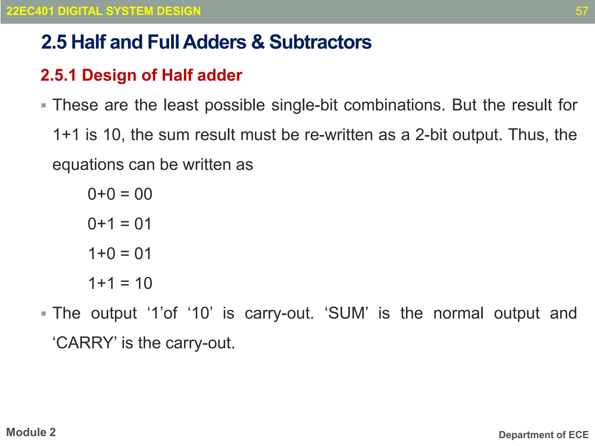 Department of ECE
2.5 Half and FullAdders & Subtractors
2.5.1 Design of Half adder
 These are the least possible single-bit combinations. But the result for
1+1 is 10, the sum result must be re-written as a 2-bit output. Thus, the
equations can be written as
0+0 = 00
0+1 = 01
1+0 = 01
1+1 = 10
 The output ‘1’of ‘10’ is carry-out. ‘SUM’ is the normal output and
‘CARRY’ is the carry-out.
57
Module 2
22EC401 DIGITAL SYSTEM DESIGN
 