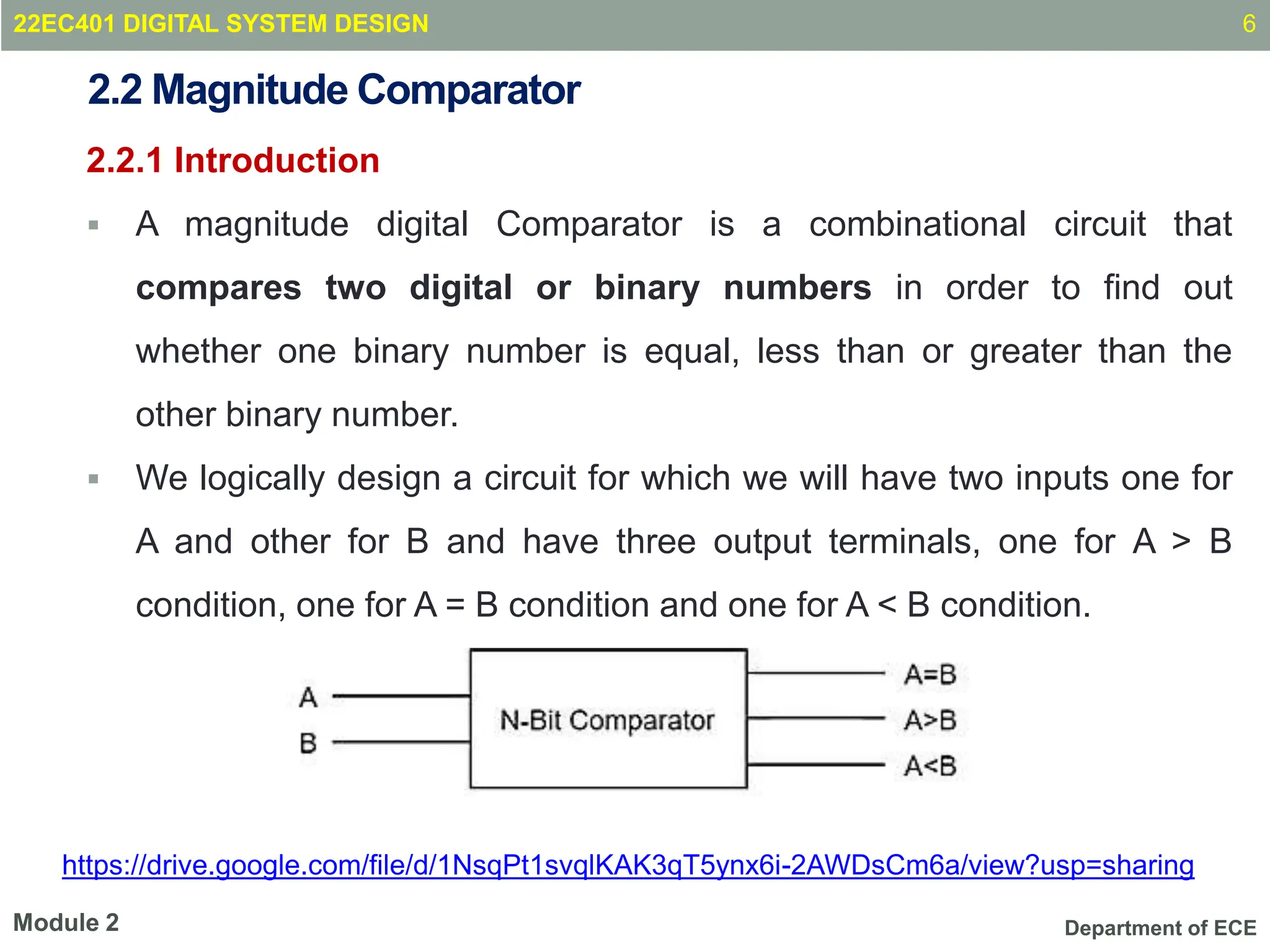 Department of ECE
2.2 Magnitude Comparator
2.2.1 Introduction
 A magnitude digital Comparator is a combinational circuit that
compares two digital or binary numbers in order to find out
whether one binary number is equal, less than or greater than the
other binary number.
 We logically design a circuit for which we will have two inputs one for
A and other for B and have three output terminals, one for A > B
condition, one for A = B condition and one for A < B condition.
6
Module 2
22EC401 DIGITAL SYSTEM DESIGN
https://drive.google.com/file/d/1NsqPt1svqlKAK3qT5ynx6i-2AWDsCm6a/view?usp=sharing
 
