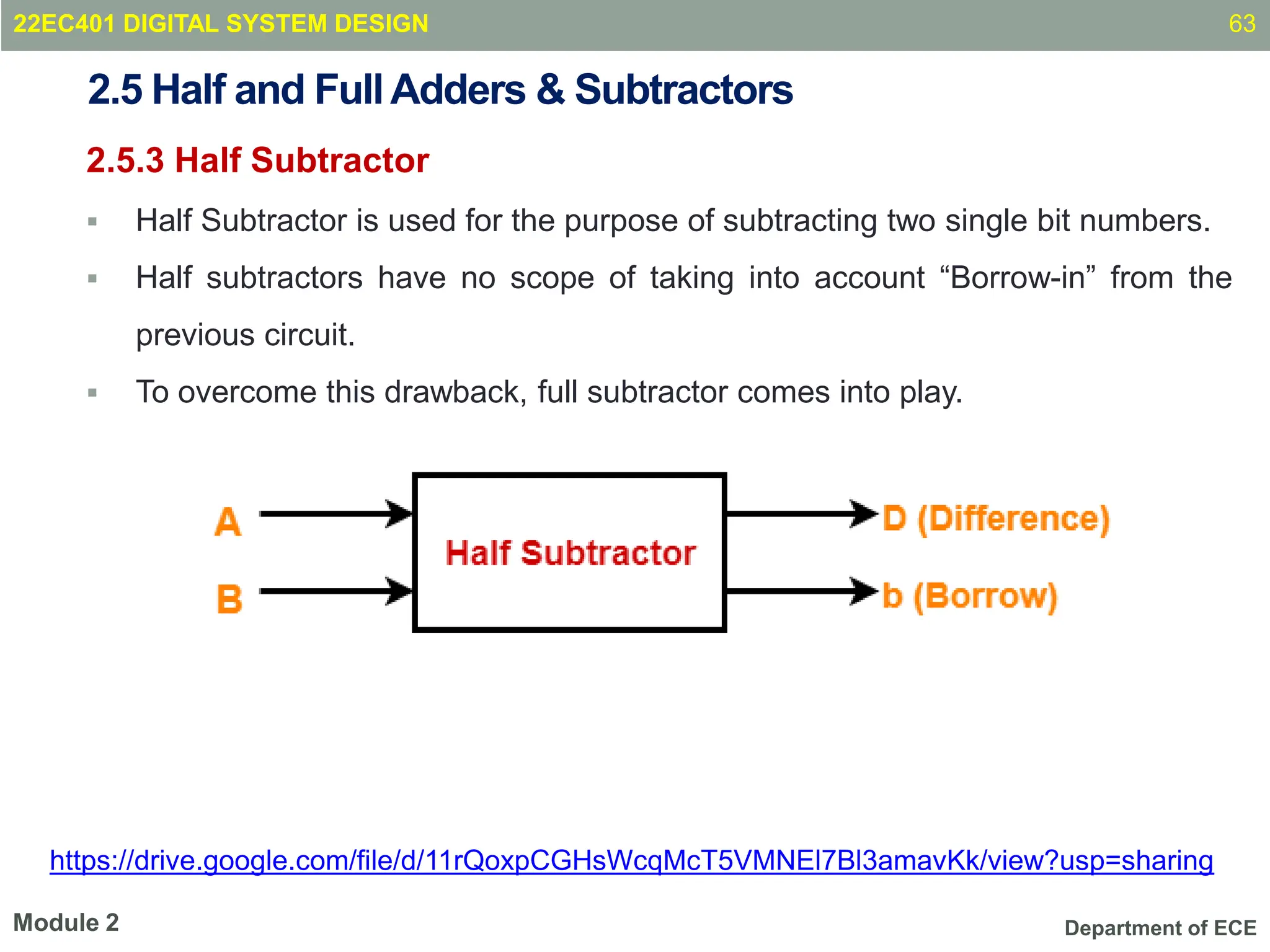 Department of ECE
2.5 Half and FullAdders & Subtractors
2.5.3 Half Subtractor
 Half Subtractor is used for the purpose of subtracting two single bit numbers.
 Half subtractors have no scope of taking into account “Borrow-in” from the
previous circuit.
 To overcome this drawback, full subtractor comes into play.
63
Module 2
22EC401 DIGITAL SYSTEM DESIGN
https://drive.google.com/file/d/11rQoxpCGHsWcqMcT5VMNEl7Bl3amavKk/view?usp=sharing
 