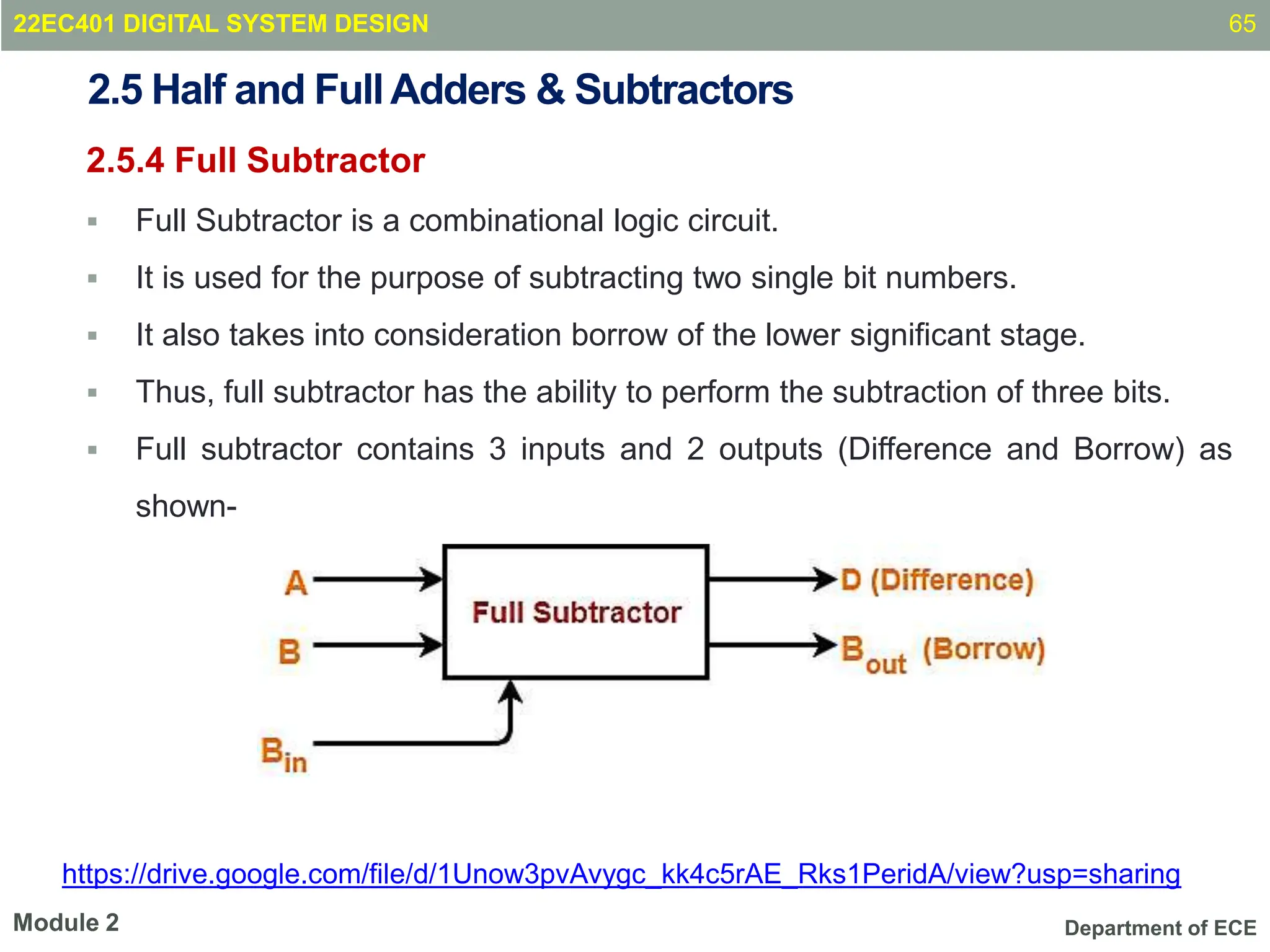 Department of ECE
2.5 Half and FullAdders & Subtractors
2.5.4 Full Subtractor
 Full Subtractor is a combinational logic circuit.
 It is used for the purpose of subtracting two single bit numbers.
 It also takes into consideration borrow of the lower significant stage.
 Thus, full subtractor has the ability to perform the subtraction of three bits.
 Full subtractor contains 3 inputs and 2 outputs (Difference and Borrow) as
shown-
65
Module 2
22EC401 DIGITAL SYSTEM DESIGN
https://drive.google.com/file/d/1Unow3pvAvygc_kk4c5rAE_Rks1PeridA/view?usp=sharing
 