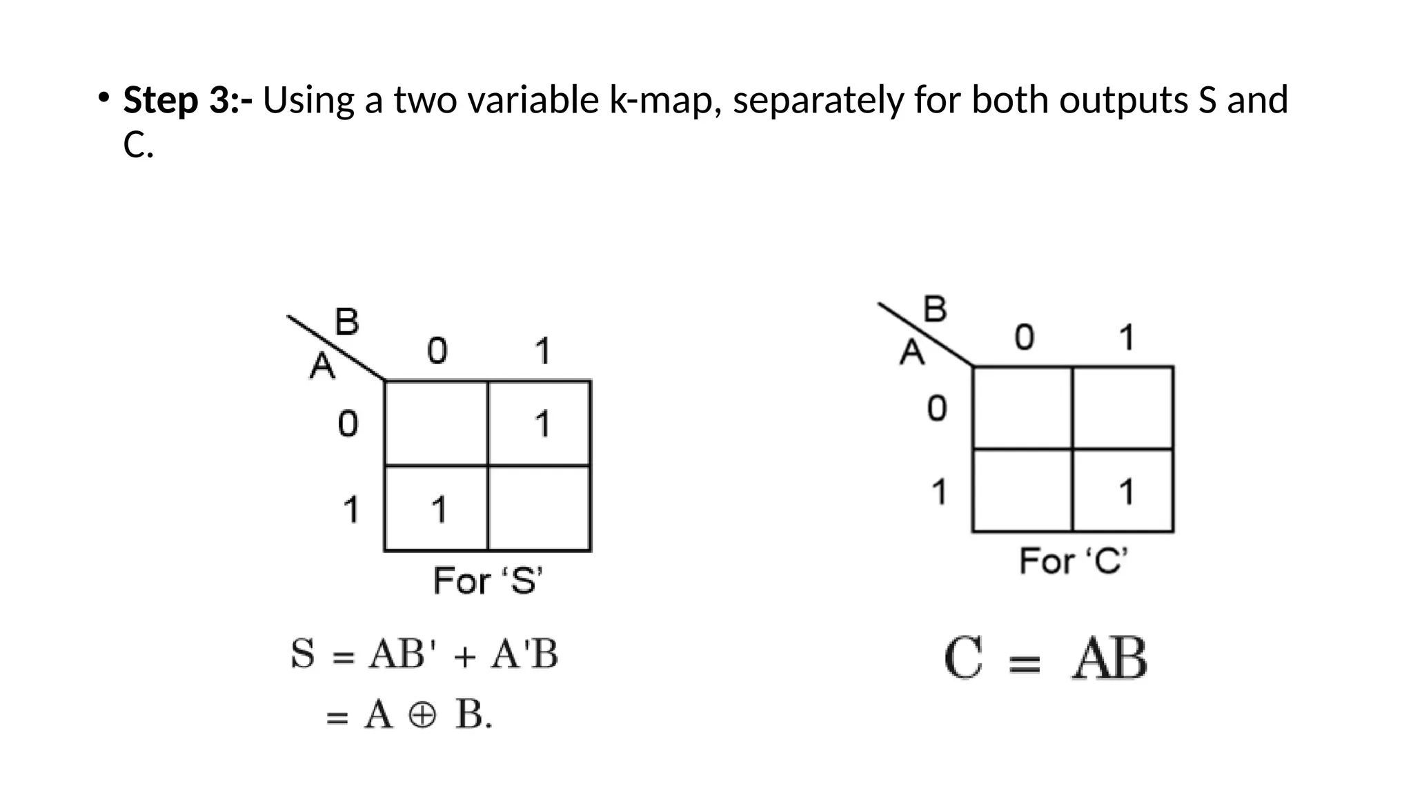 • Step 3:- Using a two variable k-map, separately for both outputs S and
C.
 