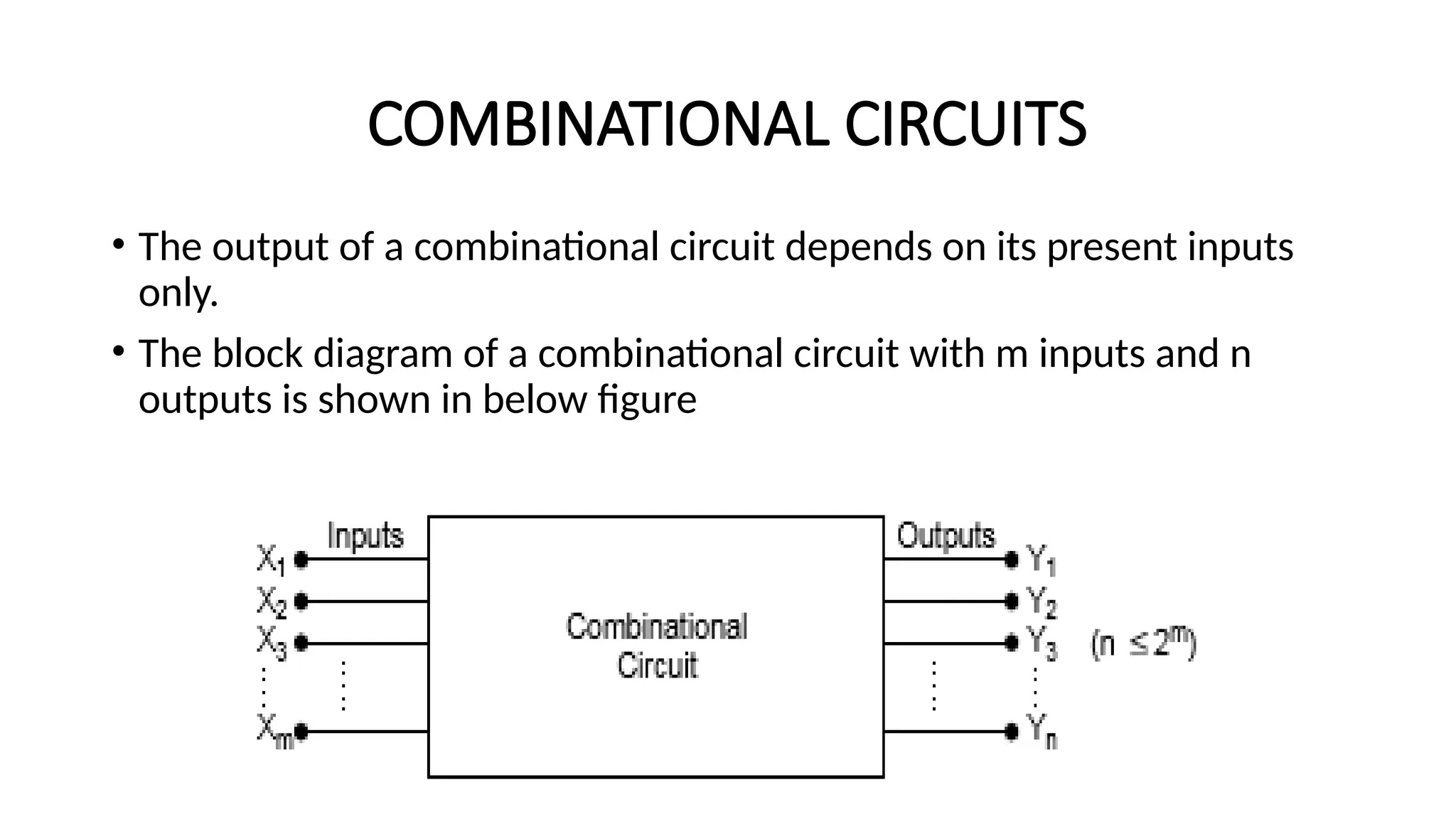 COMBINATIONAL CIRCUITS
• The output of a combinational circuit depends on its present inputs
only.
• The block diagram of a combinational circuit with m inputs and n
outputs is shown in below figure
 
