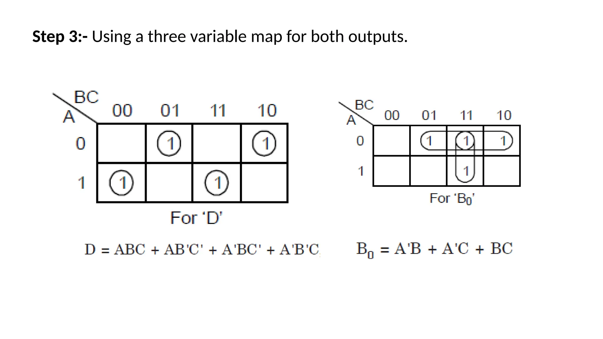 Step 3:- Using a three variable map for both outputs.
 