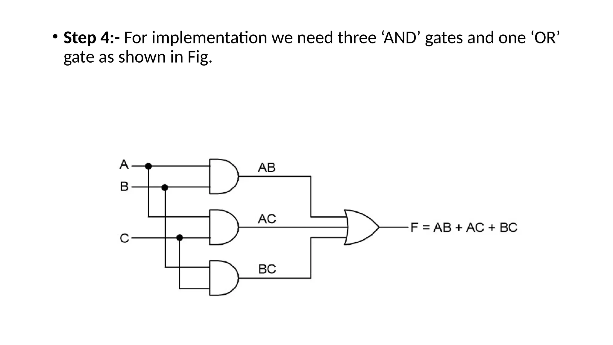 • Step 4:- For implementation we need three ‘AND’ gates and one ‘OR’
gate as shown in Fig.
 