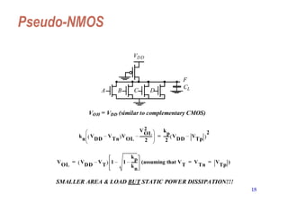 18
Pseudo-NMOS
VDD
A B C D
F
CL
VOH = VDD (similar to complementary CMOS)
k
n
V
DD
V
Tn
–
 V
OL
V
OL
2
2
-------------
–
 
 
  k
p
2
------ V
DD
V
Tp
–
 
2
=
V
OL
V
DD
V
T
–
  1 1
kp
k
n
------
–
– (assuming that V
T
V
Tn
V
Tp
)
= = =
SMALLER AREA & LOAD BUT STATIC POWER DISSIPATION!!!
 