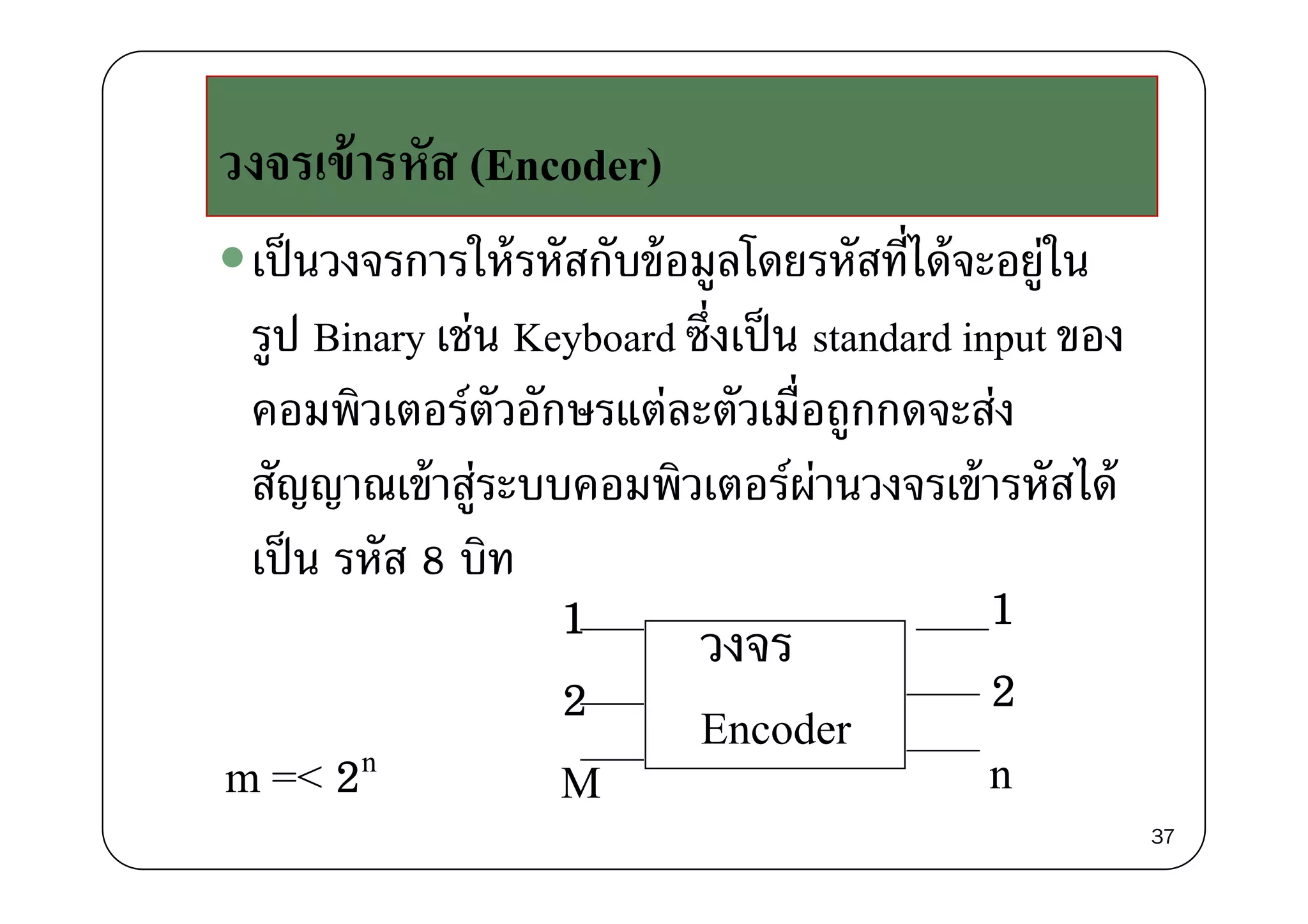 ้ ัวงจรเข้ารหัส (Encoder)
เป็นวงจรการให้รหัสกับข้อมลโดยรหัสที่ได้จ อย่ในเปนวงจรการใหรหสกบขอมูลโดยรหสทไดจะอยูใน
รูป Binary เช่น Keyboard ซึ่งเป็น standard input ของู y y p
คอมพิวเตอร์ตัวอักษรแต่ละตัวเมื่อถูกกดจะส่ง
ั ้ ่ ์ ่ ้ ั ไ ้สัญญาณเข้าสู่ระบบคอมพิวเตอร์ผ่านวงจรเข้ารหัสได้
เป็น รหัส 8 บิทเปน รหส 8 บท
วงจร1 1
Encoder2
M
2
nm =< 2n
M nm =< 2
37
 