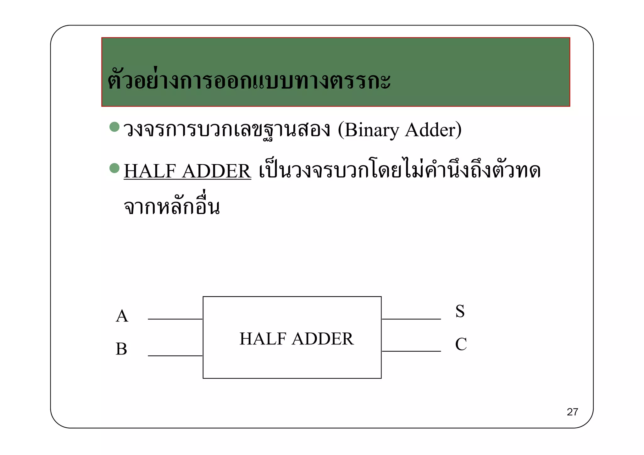 ั ่ตัวอยางการออกแบบทางตรรกะ
วงจรการบวกเลขฐานสอง (Bi Add )วงจรการบวกเลขฐานสอง (Binary Adder)
HALF ADDER เป็นวงจรบวกโดยไม่คํานึงถึงตัวทดHALF ADDER เปนวงจรบวกโดยไมคานงถงตวทด
จากหลักอื่น
A S
B CHALF ADDER
27
 