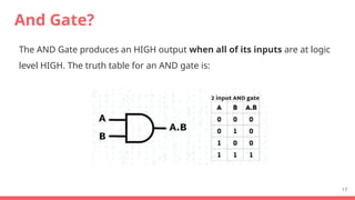 And Gate?
The AND Gate produces an HIGH output when all of its inputs are at logic
level HIGH. The truth table for an AND gate is:
17
 
