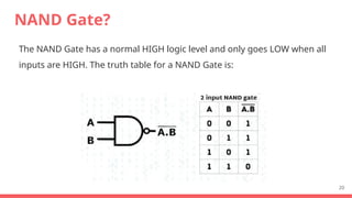 NAND Gate?
The NAND Gate has a normal HIGH logic level and only goes LOW when all
inputs are HIGH. The truth table for a NAND Gate is:
20
 
