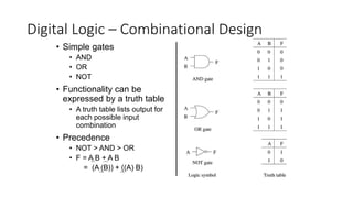 Digital Logic – Combinational Design
• Simple gates
• AND
• OR
• NOT
• Functionality can be
expressed by a truth table
• A truth table lists output for
each possible input
combination
• Precedence
• NOT > AND > OR
• F = A B + A B
= (A (B)) + ((A) B)
 