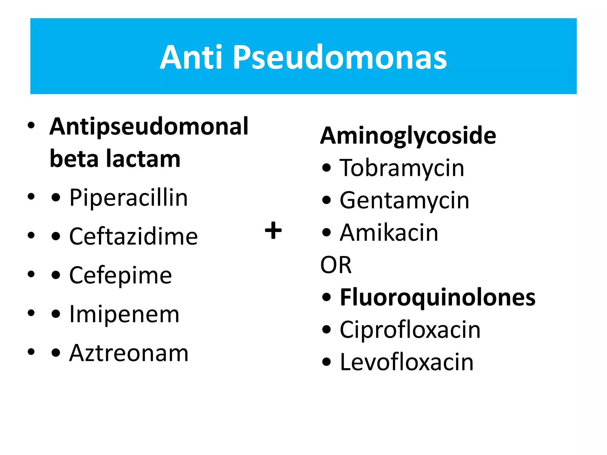 Anti Pseudomonas
• Antipseudomonal
beta lactam
• • Piperacillin
• • Ceftazidime
• • Cefepime
• • Imipenem
• • Aztreonam
Aminoglycoside
• Tobramycin
• Gentamycin
• Amikacin
OR
• Fluoroquinolones
• Ciprofloxacin
• Levofloxacin
+
 