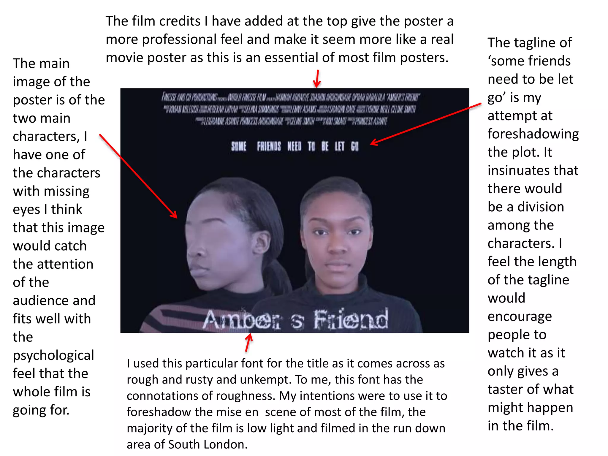 I used this particular font for the title as it comes across as
rough and rusty and unkempt. To me, this font has the
connotations of roughness. My intentions were to use it to
foreshadow the mise en scene of most of the film, the
majority of the film is low light and filmed in the run down
area of South London.
The tagline of
‘some friends
need to be let
go’ is my
attempt at
foreshadowing
the plot. It
insinuates that
there would
be a division
among the
characters. I
feel the length
of the tagline
would
encourage
people to
watch it as it
only gives a
taster of what
might happen
in the film.
The main
image of the
poster is of the
two main
characters, I
have one of
the characters
with missing
eyes I think
that this image
would catch
the attention
of the
audience and
fits well with
the
psychological
feel that the
whole film is
going for.
The film credits I have added at the top give the poster a
more professional feel and make it seem more like a real
movie poster as this is an essential of most film posters.
 