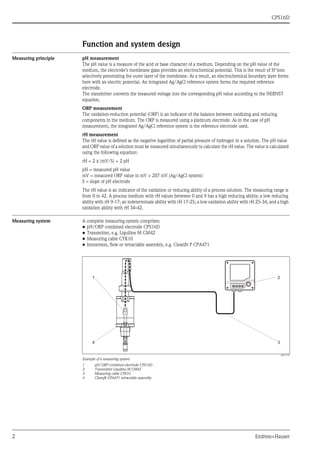 CPS16D
2 Endress+Hauser
Function and system design
Measuring principle pH measurement
The pH value is a measure of the acid or base character of a medium. Depending on the pH value of the
medium, the electrode's membrane glass provides an electrochemical potential. This is the result of H+
ions
selectively penetrating the outer layer of the membrane. As a result, an electrochemical boundary layer forms
here with an electric potential. An integrated Ag/AgCl reference system forms the required reference
electrode.
The transmitter converts the measured voltage into the corresponding pH value according to the NERNST
equation.
ORP measurement
The oxidation-reduction potential (ORP) is an indicator of the balance between oxidizing and reducing
components in the medium. The ORP is measured using a platinum electrode. As in the case of pH
measurement, the integrated Ag/AgCl reference system is the reference electrode used.
rH measurement
The rH value is defined as the negative logarithm of partial pressure of hydrogen in a solution. The pH value
and ORP value of a solution must be measured simultaneously to calculate the rH value. The value is calculated
using the following equation:
rH = 2 x (mV/S) + 2 pH
pH = measured pH value
mV = measured ORP value in mV + 207 mV (Ag/AgCl system)
S = slope of pH electrode
The rH value is an indicator of the oxidation or reducing ability of a process solution. The measuring range is
from 0 to 42. A process medium with rH values between 0 and 9 has a high reducing ability; a low reducing
ability with rH 9-17; an indeterminate ability with rH 17-25; a low oxidation ability with rH 25-34, and a high
oxidation ability with rH 34-42.
Measuring system A complete measuring system comprises:
• pH/ORP combined electrode CPS16D
• Transmitter, e.g. Liquiline M CM42
• Measuring cable CYK10
• Immersion, flow or retractable assembly, e.g. Cleanfit P CPA471
a0017199
Example of a measuring system
1 pH/ORP combined electrode CPS16D
2 Transmitter Liquiline M CM42
3 Measuring cable CYK10
4 Cleanfit CPA471 retractable assembly
 