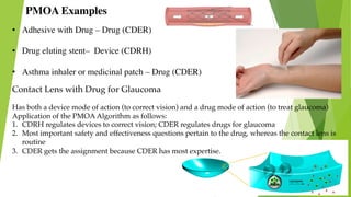 • Adhesive with Drug – Drug (CDER)
• Drug eluting stent– Device (CDRH)
• Asthma inhaler or medicinal patch – Drug (CDER)
Contact Lens with Drug for Glaucoma
Has both a device mode of action (to correct vision) and a drug mode of action (to treat glaucoma)
Application of the PMOA Algorithm as follows:
1. CDRH regulates devices to correct vision; CDER regulates drugs for glaucoma
2. Most important safety and effectiveness questions pertain to the drug, whereas the contact lens is
routine
3. CDER gets the assignment because CDER has most expertise.
PMOA Examples
 