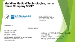 • Violations of CGMP : 21 CFR parts 210 and 211
(drug CGMP)
• Violations of QSR : 21 CFR part 820
(Quality System or QS Regulation)
 