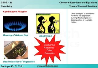 CBSE - 10                                        Chemical Reactions and Equations
Chemistry                                                Types of Chemical Reactions

  Combination Reaction
                                                          Other examples of exothermic
                                                          reactions are respiration,
                                                          burning of natural gas and
                                                          decomposition of vegetable
                                                          matter.




  Burning of Natural Gas        Respiration


                                   Exothermic
                                   Reactions -
                                     Other
                                   Examples


  Decomposition of Vegetables

Subtopic ID: 01.03.01
 