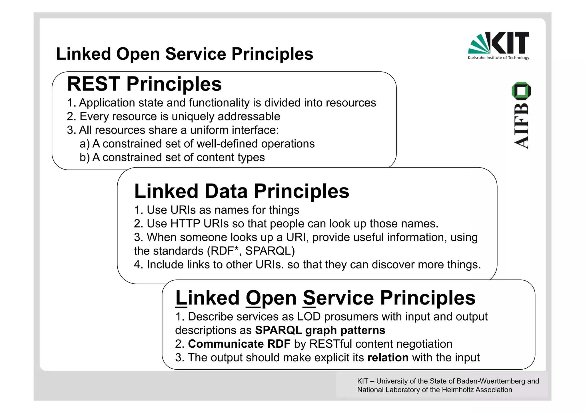 Linked Open Service Principles
 REST Principles
 1. Application state and functionality is divided into resources
 2. Every resource is uniquely addressable
 3. All resources share a uniform interface:
    a) A constrained set of well-defined operations
    b) A constrained set of content types


              Linked Data Principles
              1. Use URIs as names for things
              2. Use HTTP URIs so that people can look up those names.
              3. When someone looks up a URI, provide useful information, using
              the standards (RDF*, SPARQL)
              4. Include links to other URIs. so that they can discover more things.


                       Linked Open Service Principles
                       1. Describe services as LOD prosumers with input and output
                       descriptions as SPARQL graph patterns
                       2. Communicate RDF by RESTful content negotiation
                       3. The output should make explicit its relation with the input
                                                             KIT – University of the State of Baden-Wuerttemberg and
                                                             National Laboratory of the Helmholtz Association
 