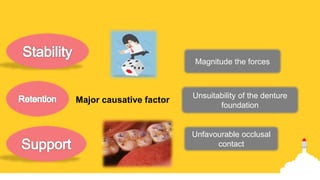 Major causative factor
Magnitude the forces
Unsuitability of the denture
foundation
Unfavourable occlusal
contact
 