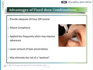 Stay with us, Grow with us!
K l i n M o n b l A u g e n h e i l k d . 2 0 1 3 F e b ; 2 3 0 ( 2 ) : 1 3 3 -
4 0
Advantages of Fixed dose Combinations
 Provide adequate 24-hour IOP control
 Patient Compliance
 Applied less frequently which may improve
adherence
 Lower amount of toxic preservatives
 May eliminate the risk of a "washout”
 