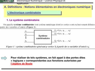 Électronique Numérique – Licence Physique et
Application
A. Définitions : Notions élémentaires en électroniques numérique
A. Définitions : Notions élémentaires en électroniques numérique
L’électronique combinatoire
L’électronique combinatoire
1. Le système combinatoire
Pour réaliser de tels systèmes, on fait appel à des portes dites
« logiques » correspondantes aux fonctions autorisées par
l’algèbre de Boole
 