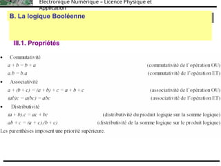 Électronique Numérique – Licence Physique et
Application
III. Les expressions logiques et leurs simplifications
III.1. Propriétés
B. La logique Booléenne
B. La logique Booléenne
 