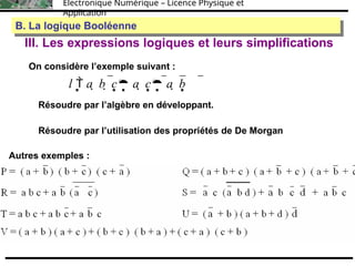 Électronique Numérique – Licence Physique et
Application
III. Les expressions logiques et leurs simplifications
B. La logique Booléenne
B. La logique Booléenne
l  a  b  c a  c a  b
On considère l’exemple suivant :
Résoudre par l’algèbre en développant.
Résoudre par l’utilisation des propriétés de De Morgan
Autres exemples :
 