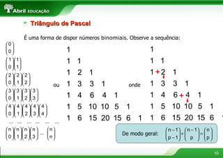 É uma forma de dispor números  binomiais . Observe a sequência: Triângulo de Pascal ou onde + + De modo geral: 
