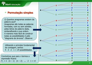 Permutação simples 2) Quantos anagramas existem da palavra azul? Anagramas são todas as palavras formadas, com ou sem sentido, pelas letras da palavra dada, embaralhando a sua ordem. A maneira mais fácil de construir todas as possibilidades é pelo “diagrama de árvores”. Observe: u l z l u z l a u l z z u l u z u l a l u a l z u l a a u l u a z l a l z a l u z l a a z l z a u z a z u a u l z u a a z u z a Utilizando o princípio fundamental da contagem, temos: 4    3    2    1 = 24 possibilidades Concluímos que para  n  termos a expressão ficaria: P n  = n    (n – 1)    (n – 2)    ...    2    1 = n!  