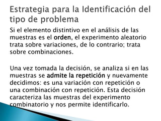 Si el elemento distintivo en el análisis de las
muestras es el orden, el experimento aleatorio
trata sobre variaciones, de lo contrario; trata
sobre combinaciones.

Una vez tomada la decisión, se analiza si en las
muestras se admite la repetición y nuevamente
decidimos: es una variación con repetición o
una combinación con repetición. Esta decisión
caracteriza las muestras del experimento
combinatorio y nos permite identificarlo.
 