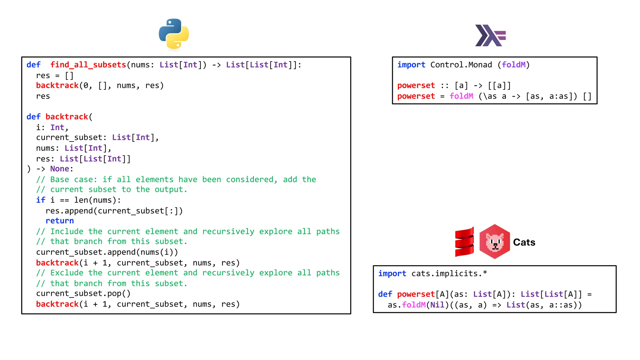 def find_all_subsets(nums: List[Int]) -> List[List[Int]]:
res = []
backtrack(0, [], nums, res)
res
def backtrack(
i: Int,
current_subset: List[Int],
nums: List[Int],
res: List[List[Int]]
) -> None:
// Base case: if all elements have been considered, add the
// current subset to the output.
if i == len(nums):
res.append(current_subset[:])
return
// Include the current element and recursively explore all paths
// that branch from this subset.
current_subset.append(nums(i))
backtrack(i + 1, current_subset, nums, res)
// Exclude the current element and recursively explore all paths
// that branch from this subset.
current_subset.pop()
backtrack(i + 1, current_subset, nums, res)
import cats.implicits.*
def powerset[A](as: List[A]): List[List[A]] =
as.foldM(Nil)((as, a) => List(as, a::as))
import Control.Monad (foldM)
powerset :: [a] -> [[a]]
powerset = foldM (as a -> [as, a:as]) []
Cats
 