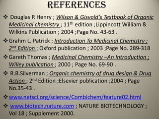 References
 Douglas R Henry ; Wilson & Gisvold‘s Textbook of Organic
 Medicinal chemistry ; 11th edition ;Lippincott William &
 Wilkins Publication ; 2004 ;Page No. 43-63 .
Grahm L. Patrick ; Introduction To Medicinal Chemistry ;
 2nd Edition ; Oxford publication ; 2003 ;Page No. 289-318
Gareth Thomas ; Medicinal Chemistry –An Introduction ;
 Willey publication ; 2000 ; Page No. 69-90 .
 R.B.Silverman ; Organic chemistry of drug design & Drug
 Action ; 2nd Edition ;Elsevier publication ;2004 ; Page
 No.35-43 .
www.netsci.org/science/Combichem/feature02.html
 www.biotech.nature.com ; NATURE BIOTECHNOLOGY ;
 Vol 18 ; Supplement 2000.
 