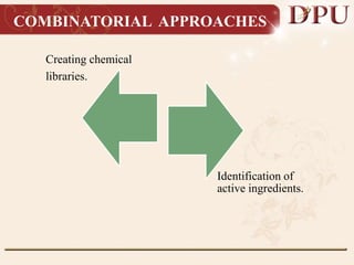 COMBINATORIAL APPROACHES
Creating chemical
libraries.
Identification of
active ingredients.
 