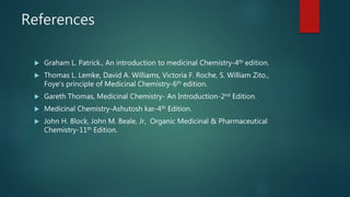 References
 Graham L. Patrick., An introduction to medicinal Chemistry-4th edition.
 Thomas L. Lemke, David A. Williams, Victoria F. Roche, S. William Zito.,
Foye’s principle of Medicinal Chemistry-6th edition.
 Gareth Thomas, Medicinal Chemistry- An Introduction-2nd Edition.
 Medicinal Chemistry-Ashutosh kar-4th Edition.
 John H. Block, John M. Beale, Jr, Organic Medicinal & Pharmaceutical
Chemistry-11th Edition.
 