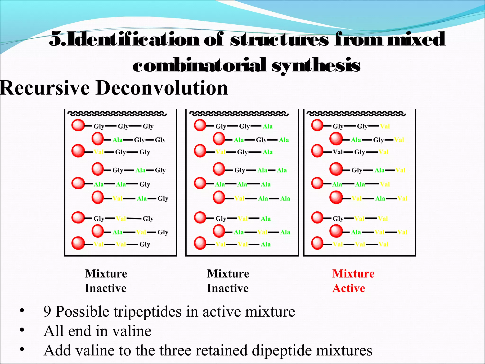 5.Identification of structures frommixed
combinatorial synthesis
Gly
Ala
Val
Gly
Gly
Gly
Gly
Ala
Val
Ala
Ala
Ala
Gly
Ala
Val
Val
Val
Val
Gly
Ala
Val
Gly
Gly
Gly
Gly
Ala
Val
Ala
Ala
Ala
Gly
Ala
Val
Val
Val
Val
Gly
Ala
Val
Gly
Gly
Gly
Gly
Ala
Val
Ala
Ala
Ala
Gly
Ala
Val
Val
Val
Val
Gly
Gly
Gly
Gly
Gly
Gly
Gly
Gly
Gly
Ala
Ala
Ala
Ala
Ala
Ala
Ala
Ala
Ala
Val
Val
Val
Val
Val
Val
Val
Val
Val
Mixture
Inactive
Mixture
Inactive
Mixture
Active
• 9 Possible tripeptides in active mixture
• All end in valine
• Add valine to the three retained dipeptide mixtures
Recursive Deconvolution
 
