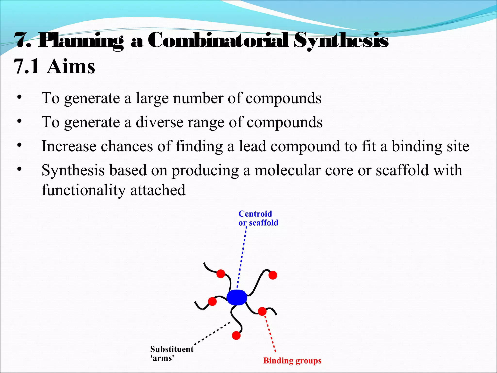 7. Planning a Combinatorial Synthesis
7.1 Aims
• To generate a large number of compounds
• To generate a diverse range of compounds
• Increase chances of finding a lead compound to fit a binding site
• Synthesis based on producing a molecular core or scaffold with
functionality attached
Centroid
or scaffold
Substituent
'arms' Binding groups
 