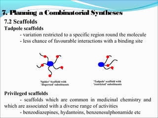 7.2 Scaffolds
Tadpole scaffolds
- variation restricted to a specific region round the molecule
- less chance of favourable interactions with a binding site
Privileged scaffolds
- scaffolds which are common in medicinal chemistry and
which are associated with a diverse range of activities
- benzodiazepines, hydantoins, benzenesulphonamide etc
7. Planning a Combinatorial Syntheses
'Spider' Scaffold with
'dispersed' substituents
'Tadpole' scaffold with
'restricted' substituents
 