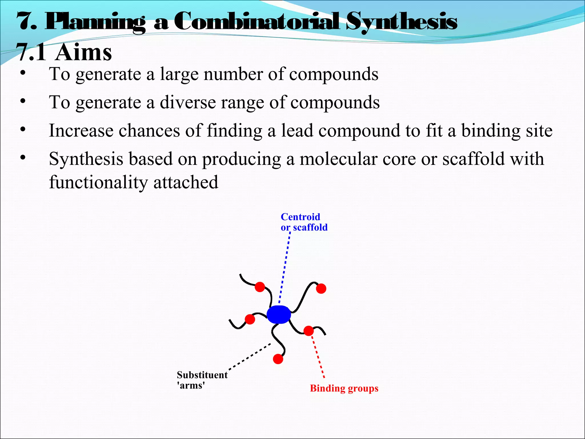 7. Planning a Combinatorial Synthesis
7.1 Aims
• To generate a large number of compounds
• To generate a diverse range of compounds
• Increase chances of finding a lead compound to fit a binding site
• Synthesis based on producing a molecular core or scaffold with
functionality attached
Centroid
or scaffold
Substituent
'arms' Binding groups
 