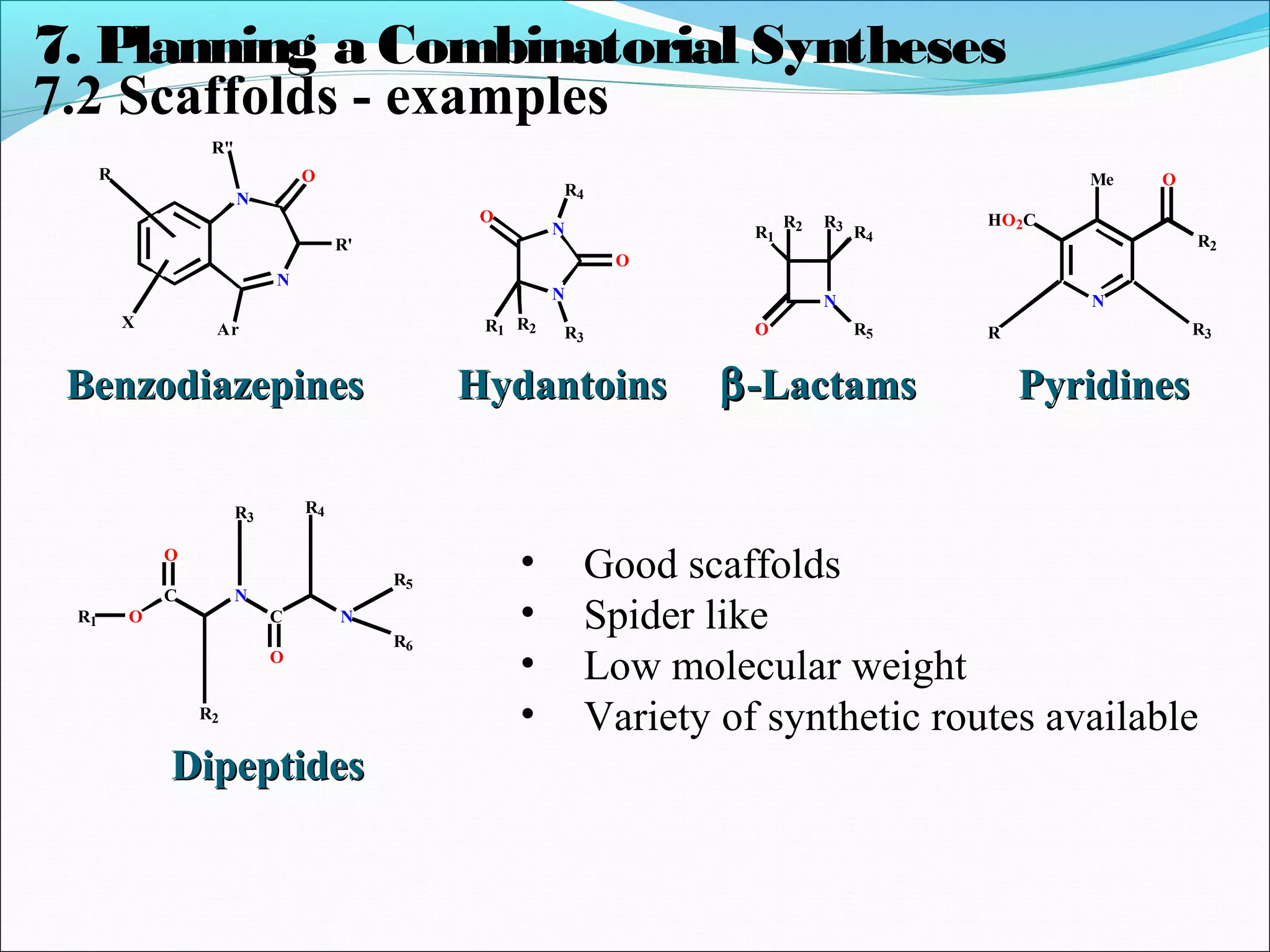 7.2 Scaffolds - examples
BenzodiazepinesBenzodiazepines
R
X
N
N
Ar
R'
O
R"
HydantoinsHydantoins
N
N
O
O
R4
R3
R1 R2
ββ-Lactams-Lactams
N
O R5
R4
R3
R1
R2
PyridinesPyridines
N
R
HO2C
Me
R2
O
R3
• Good scaffolds
• Spider like
• Low molecular weight
• Variety of synthetic routes available
DipeptidesDipeptides
O
R2
C
O
C
N
N
O
R4
R1
R3
R5
R6
7. Planning a Combinatorial Syntheses
 