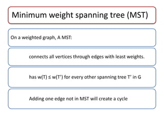 Minimum weight spanning tree (MST) 
On a weighted graph, A MST: 
connects all vertices through edges with least weights. 
has w(T) ≤ w(T’) for every other spanning tree T’ in G 
Adding one edge not in MST will create a cycle 
 