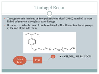 Tentagel Resin
 Tentagel resin is made up of 80% polyethylene glycol ( PEG) attached to cross
linked polystyrene through an ether linkage.
 It is more versatile because it can be obtained with different functional groups
at the end of the side chain.
X = OH, NH2, SH, Br, COOH
Resin
bead
PEG
x
 
