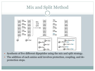 Mix and Split Method
 Synthesis of five different dipeptides using the mix and split strategy.
 The addition of each amino acid involves protection, coupling, and de-
protection steps.
 