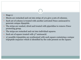 Stage 2:
 Sheets are restacked and cut into strips of 3 to give 3 sets of columns.
 Each set of column is treated with another activated Fmoc aminoacid to
generate unique dipeptide.
 The strips are washed, dried and treated with piperidine to remove Fmoc
protecting group.
 The strips are restacked and cut into individual squares.
 Each set of square treated with 3rd aminoacid.
 27 possible tripeptides are synthesized with each square containing a unique
tripeptide sequence which is identified by the code present on the square.
 
