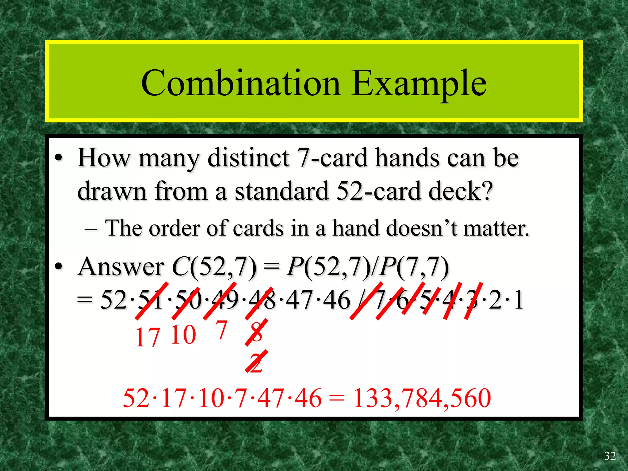 32
Combination Example
• How many distinct 7-card hands can be
drawn from a standard 52-card deck?
– The order of cards in a hand doesn’t matter.
• Answer C(52,7) = P(52,7)/P(7,7)
= 52·51·50·49·48·47·46 / 7·6·5·4·3·2·1
7
10 8
2
17
52·17·10·7·47·46 = 133,784,560
 