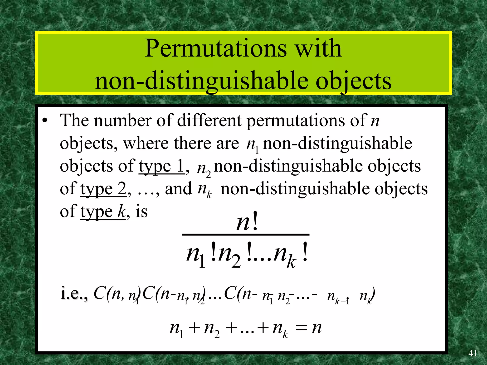 41
Permutations with
non-distinguishable objects
• The number of different permutations of n
objects, where there are non-distinguishable
objects of type 1, non-distinguishable objects
of type 2, …, and non-distinguishable objects
of type k, is
i.e., C(n, )C(n- , )…C(n- - -…- , )
1 2
!
! !... !
k
n
n n n
1
n
2
n
k
n
1
n 1
n 2
n 1
n 2
n 1
k
n  k
n
1 2 ... k
n n n n
   
 