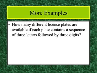 11
More Examples
• How many different license plates are
available if each plate contains a sequence
of three letters followed by three digits?
 